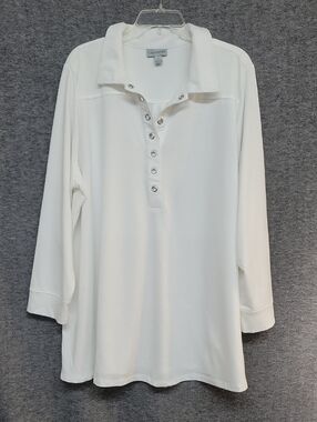 Catherines White Snap-Placket Long Sleeve Polo Tunic